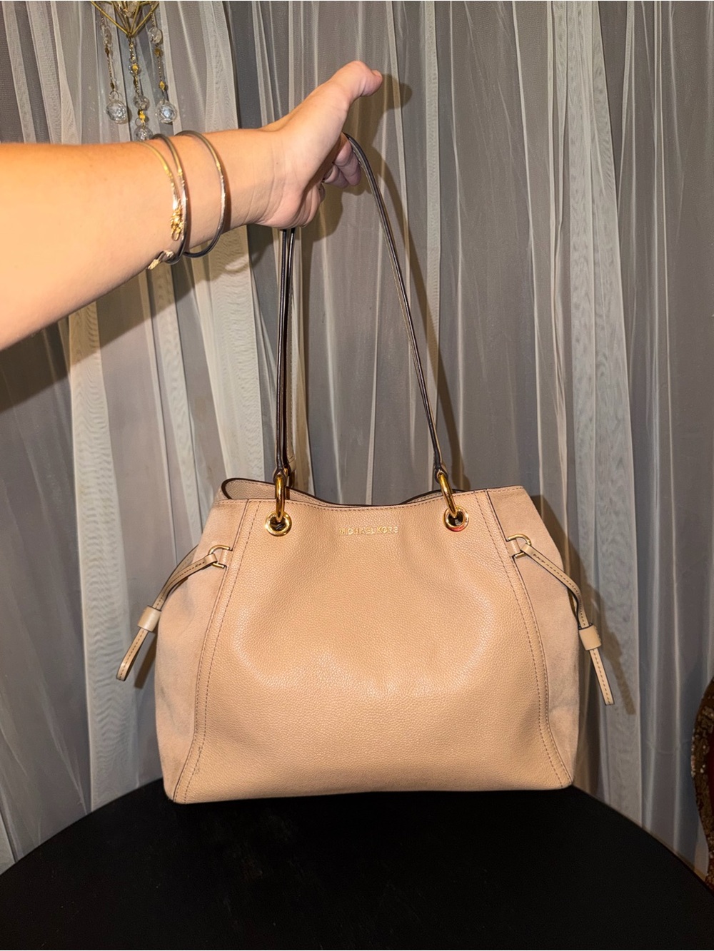 Michael Kors Large Taupe Pebbled Leather & Suede Shoulder Tote Bag